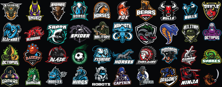 Set of colorful esports logos, emblems. Logos of knights, horses, dragon, shark, snake, viking, baseball, bear, eagle, cowboy,tiger.Vector illustration isolated on background 