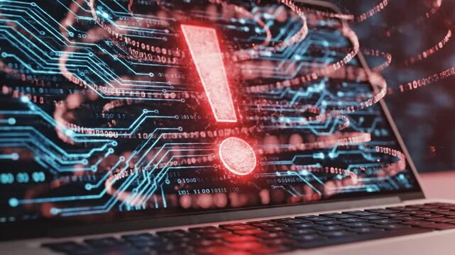 Computer Laptop with an Exclamation Mark, warning concept of a cyberattack in progress