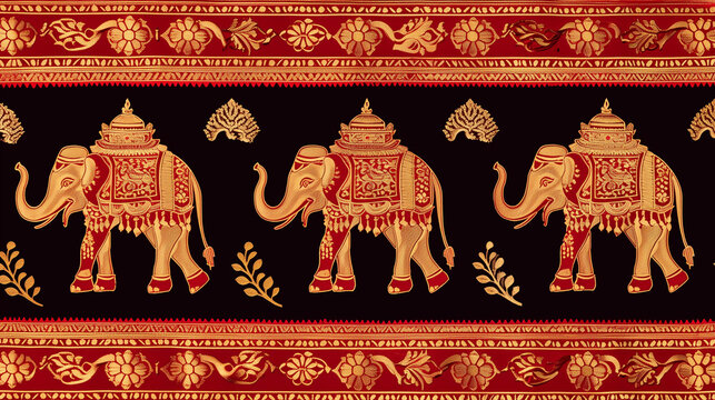 Traditional red and gold elephant textile pattern with ornamental borders on black background