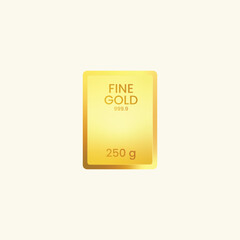 Realistic 250g fine gold bar vector. 999.9 gold bullion ingot icon isolated on white. Shiny precious metal asset for finance, investment, wealth, and bank economy related graphic design