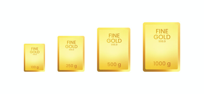 Set of 999.9 fine gold bullion bars in different weights from 100g to 1000g isolated on white background