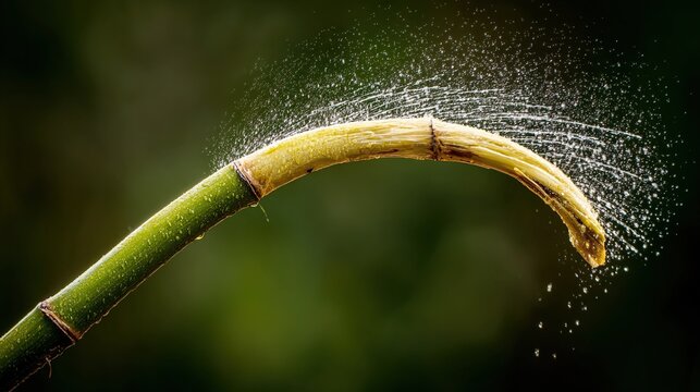 flinging. A flexible bamboo branch recoiling, flinging water droplets into the air. gardening catalogs, home-decor guides, designed for home decor and floral branding, used by procurement managers.