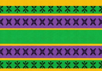 Vibrant horizontal striped pattern with ornate decorative elements in yellow, green, and purple, evoking a festive textile design