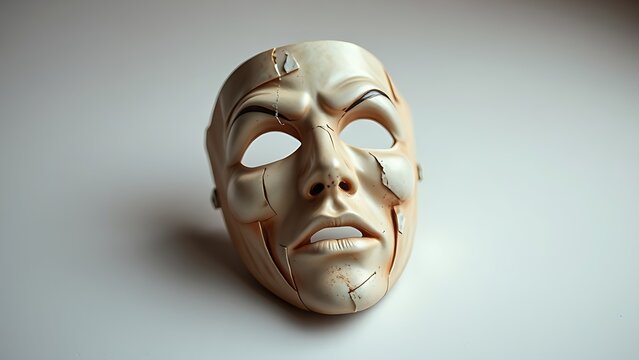 reassembled. A fragmented theatrical mask with pieces reassembled into a distorted expression. event programs, museum guides, designed for cultural heritage projects and event programs.