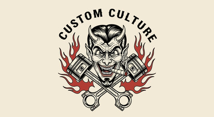Kustom Kulture Devil Mascot Design: Vintage Engraving of Biker Demon Smoking a Cigar, Crossed Pistons, and Hot Rod Flames. © Uuls