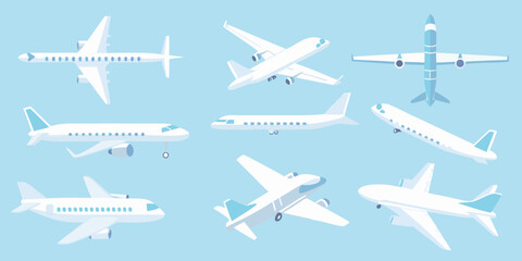 A collection of stylized airplanes in various orientations and views