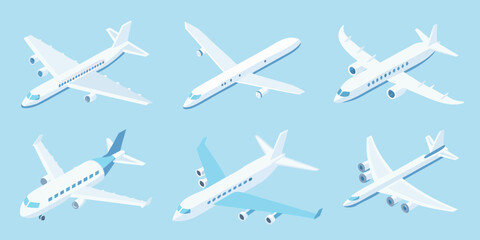 Isometric illustration depicting multiple airplanes in various flight positions