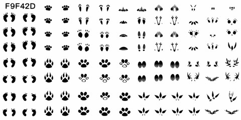Collection of animal tracks and silhouettes in a monochrome pattern