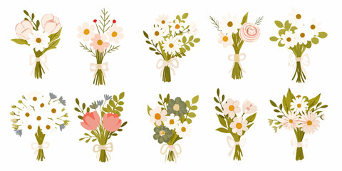 Collection of delicate hand drawn floral bouquets in pastel shades © MituRani