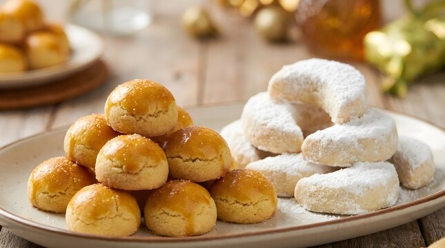 Indonesian Nastar and Putri Salju Cookies with Powdered Sugar on Aesthetic Blurred Background
