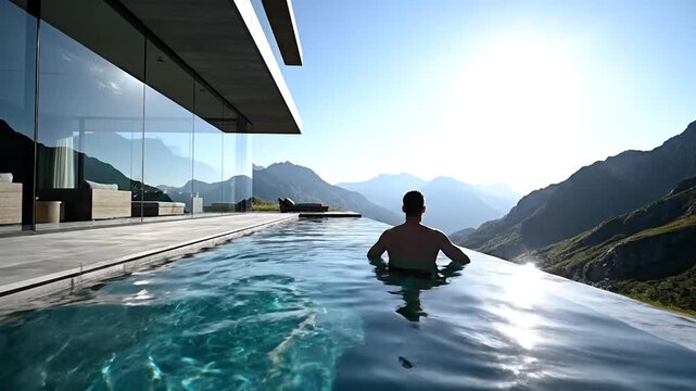 Man enjoys infinity pool with panoramic mountain vista and contemporary glass architecture