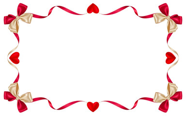 Elegant rectangular frame with red ribbons, golden bows, and small red hearts, perfect for Valentine's Day, wedding invitations, or romantic greeting cards, isolated on a clean white background.