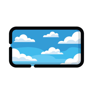 Illustration of a camera viewfinder showing a serene landscape with clouds, hills, and a blue sky
