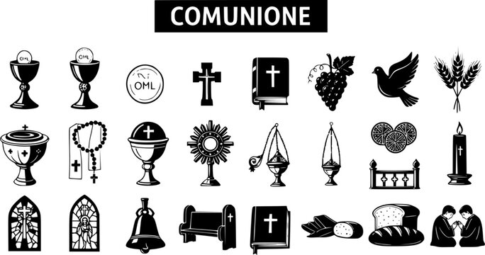 Catholic Communion Icons: Chalices, Bible, Cross, Dove, Grapes, Wheat, Candle, Incense, Monstrance, Church, Bell, Bread, Praying People