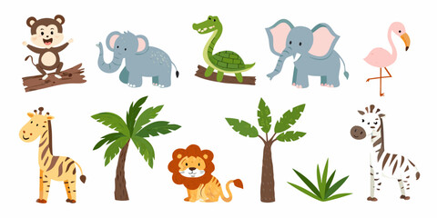 Fototapeta premium Cute cartoon animals and tropical plants arranged on a white background