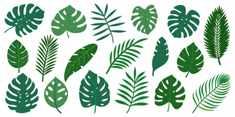 Collection of vibrant tropical leaves in various shades of green © MituRani