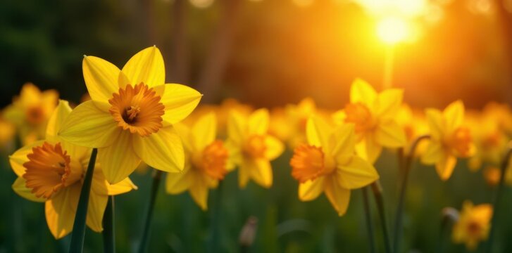 Golden daffodils bathed in sunset's warm glow, vibrant hues , golden hour, daffodils, vibrant