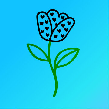 a single whimsical hearted blossom three-petal flower with heart details on blue gradient for cheerful branding and decorative design