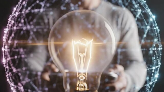 A person holding a glowing light bulb surrounded by a digital network of connections and circuitry
