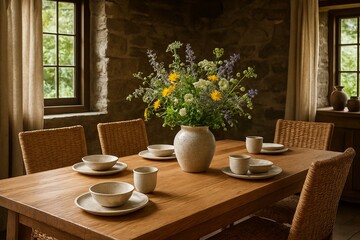 Woodland Cottage Dining &ndash; Oak dining table woven chairs stone