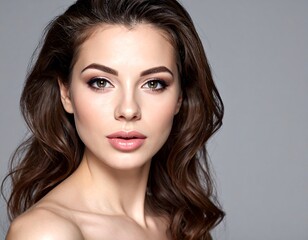 Fototapeta premium Beautiful woman with long wavy brown hair, makeup, and soft lighting
