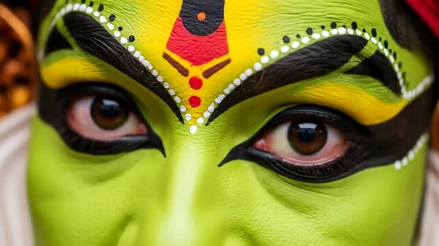 Close up of a Kathakali dancers expressive eyes and vibrant green face paint.