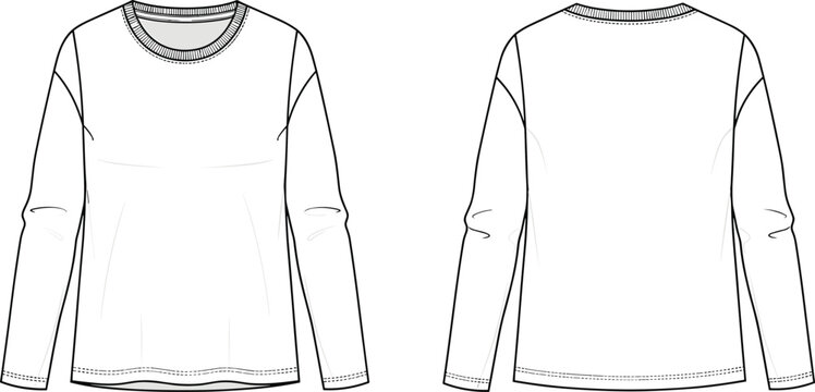 Women&rsquo;s long sleeve crew neck t shirt technical fashion illustration with relaxed fit, clean line art, front and back views