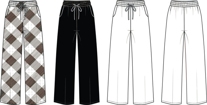 Women&rsquo;s wide leg lounge pants technical fashion illustration with elastic drawstring waist, plaid and solid variations, casual trousers, front views