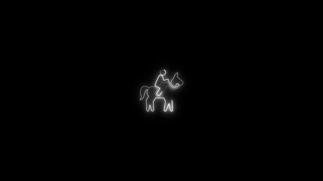 Glowing neon wireframe silhouette of person riding a horse in dark background dynamic light performance equestrian outline animation futuristic digital