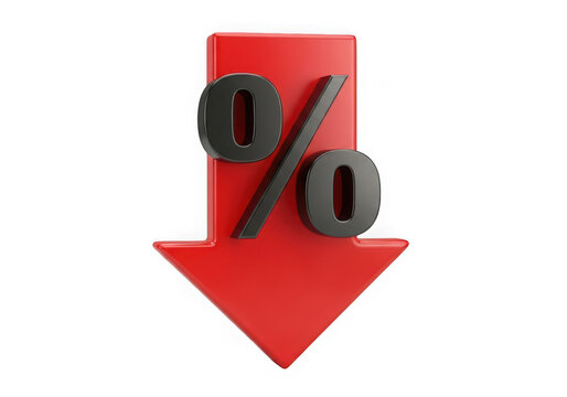 Red downward arrow with percentage symbol isolated on transparent background