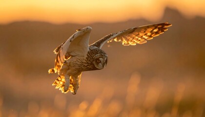 Obraz premium Bird of prey in mid-flight, bathed in warm, golden sunset light