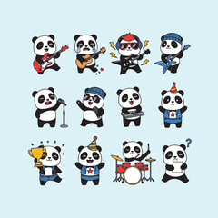 Cute Panda Characters Playing Music and Celebrating