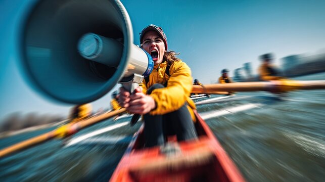 coxswain. The stern of a racing shell with a coxswain shouting commands. event key visuals, club posters, designed for sports event promotions and stadium branding, boosts motivation.