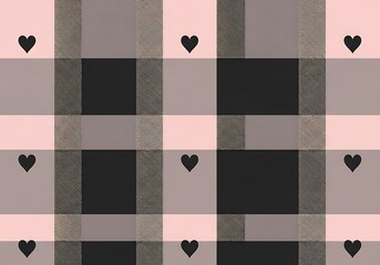 Charming pink and grey plaid pattern featuring delicate black hearts, perfect for romantic backgrounds or textile designs