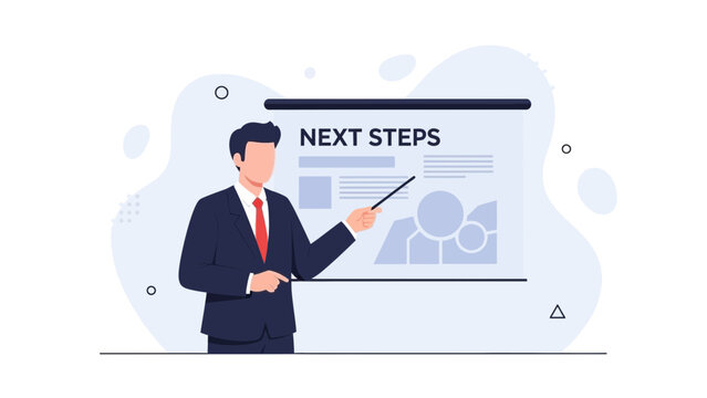 Businessman presenting next steps with pointer at whiteboard, business strategy and planning