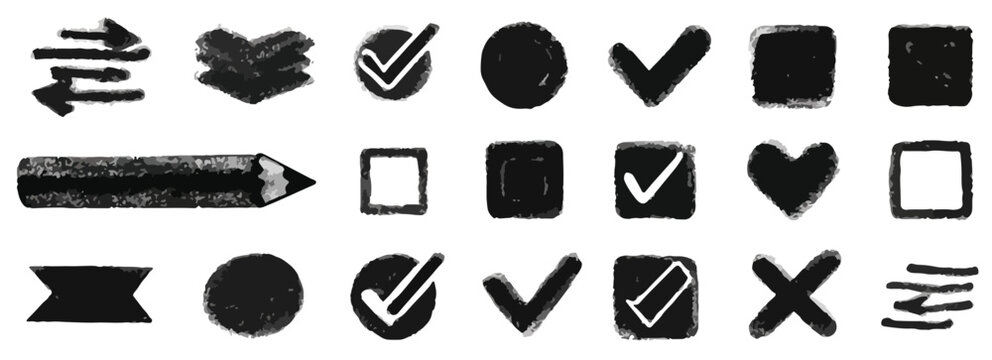 Sammlung von handgezeichneten Symbolen und Icons, darunter H&auml;kchen, Kreuze, Quadrate, Kreise, Herzen und Pfeile auf transparentem Hintergrund.