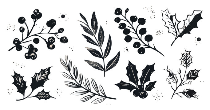 Handgezeichnete Illustrationen von Zweigen mit Beeren und Bl&auml;ttern, isoliert auf transparentem Hintergrund.
