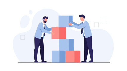 Businessmen building success together with blocks, teamwork and collaboration concept