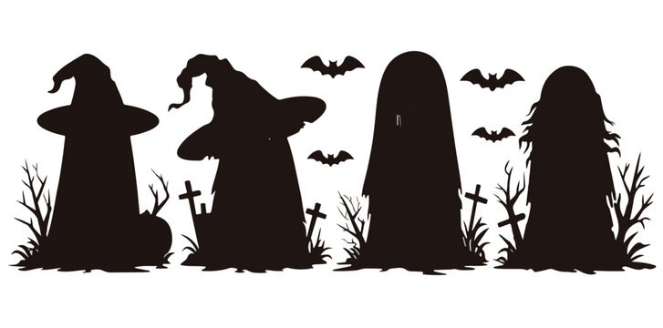 Halloween Silhouetten von Hexenh&uuml;ten und Geistern mit Flederm&auml;usen und Gr&auml;bern auf transparentem Hintergrund.