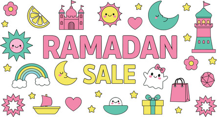 Colorful vector illustration for Ramadan Sale with cheerful icons, smiling faces, festive decorations, and bold typography &mdash; perfect for seasonal promotions, Islamic marketing, and joyful design.