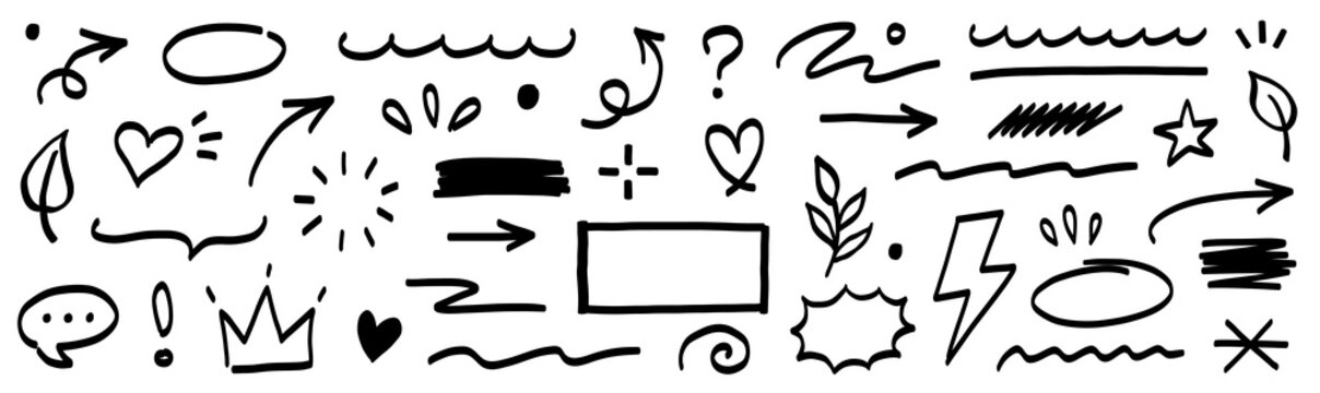 Marker line brush arrow, underline, highlight scribble set. Marker pen line brush hand drawn arrow stroke sketch element shape graphic vector. Doodle underline circle frame icons. Vector illustration