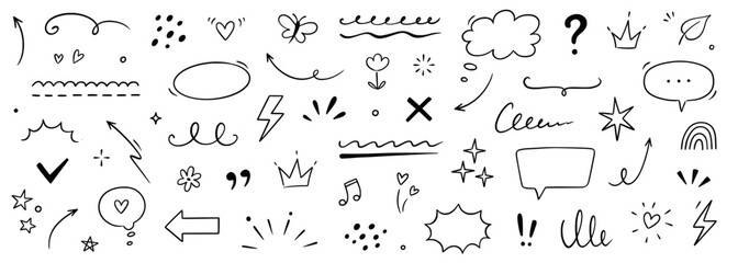 Cute line sketch star, arrow, heart decoration element icon set. Hand drawn sketch doodle cute star, emphasis, flower element. Pen line text decoration shapes. Hand drawn vector illustration