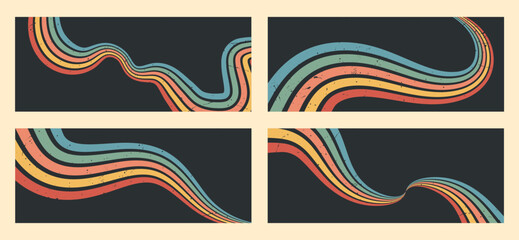 Stripe rainbow groovy. Set of Vintage inspired backgrounds with grunge texture, flowing lines, and colorful waves for graphic design. Retro vector illustration.