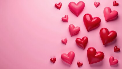Pink background, flat lay of various sized hearts , pastel, cute