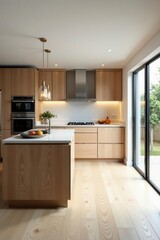 Open-plan kitchen with island, stainless steel appliances, contemporary, luxury, space