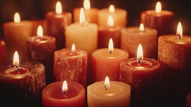 Lit candles of varying sizes, shapes, and colors, glowing and illuminating the darkness