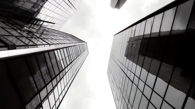 Low-angle monochrome view of skyscrapers with reflective glass facades against a cloudy sky