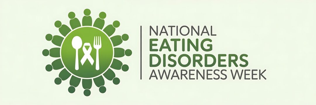 National eating disorders awareness week green logo with people around spoon and fork symbol and text awareness