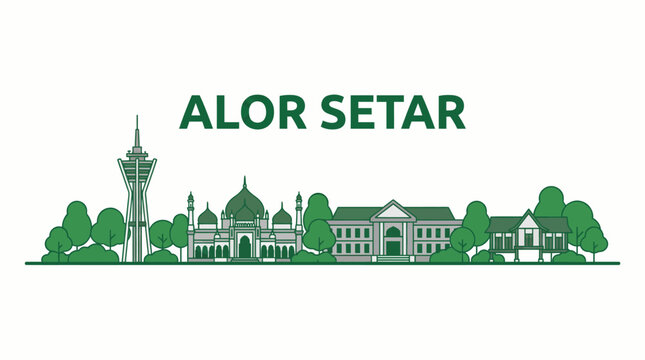 Alor Setar city skyline landmarks green vector illustration