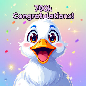 A cute cartoon duck celebrates 700k congratulations with confetti and a joyful expression